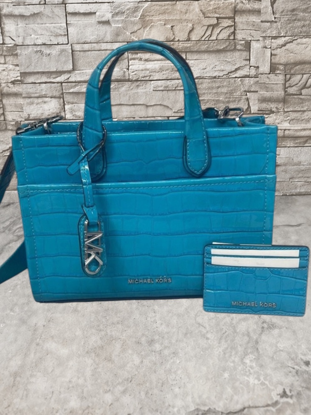 Michael Kors Gigi Croc Embossed Satchel & Matching Wallet Santorini Blue